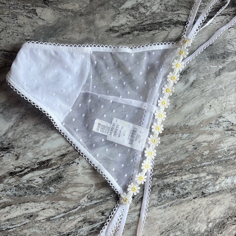 PINK Victoria's Secret White Sheer Thong with Floral Trim